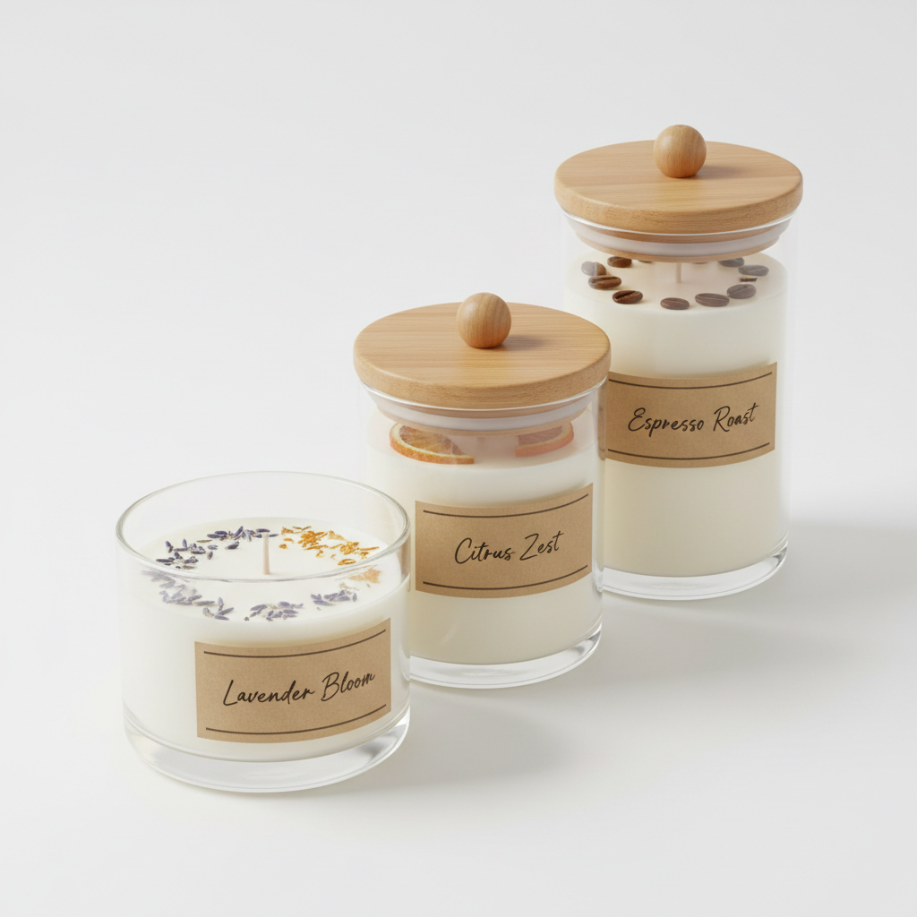 Set of 3 scented soy wax candles in glass jars with wooden lids on white background