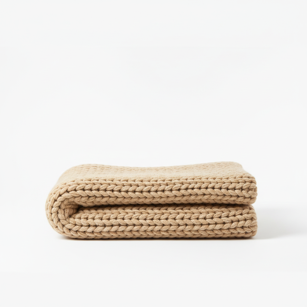 Cozy chunky knitted throw blanket in warm beige on white background