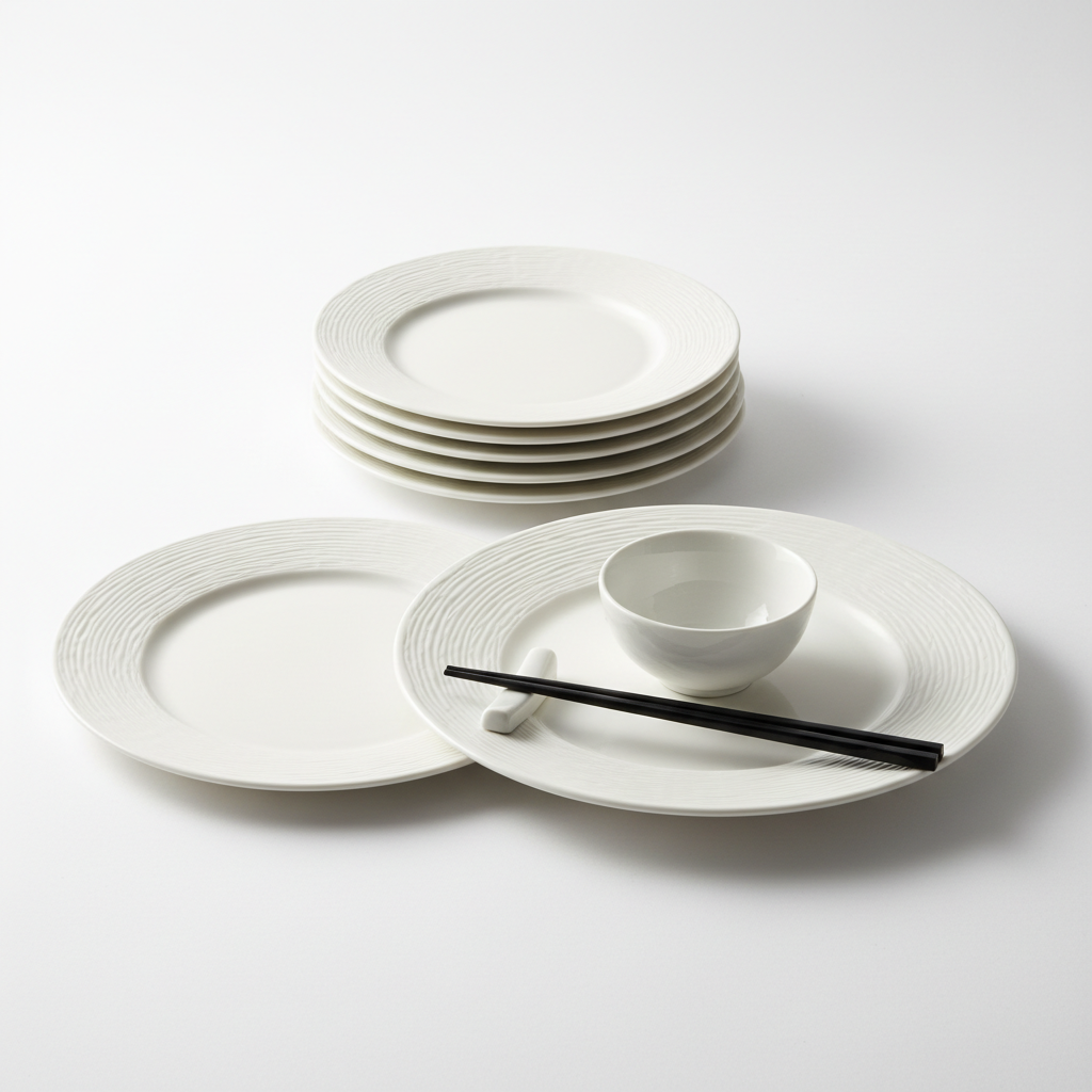 Set of 4 matte white ceramic dinner plates on white background