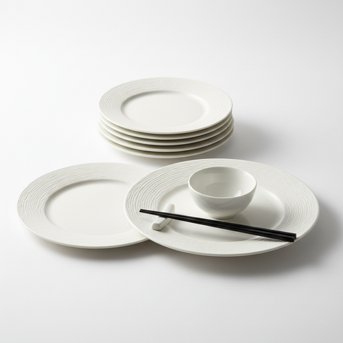 Set of 4 matte white ceramic dinner plates on white background