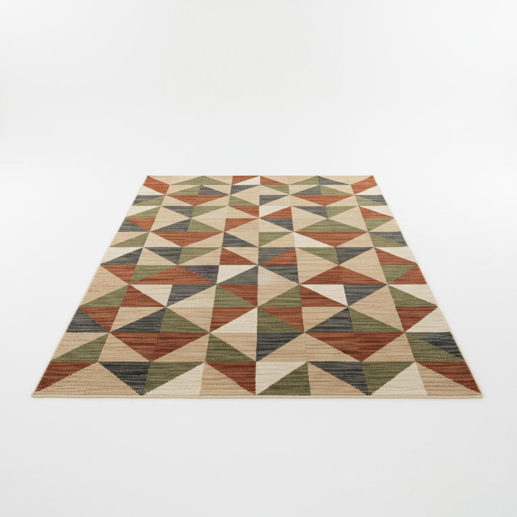 Modern geometric pattern area rug in earthy tones on white background