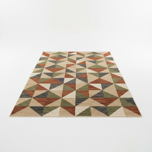Modern geometric pattern area rug in earthy tones on white background