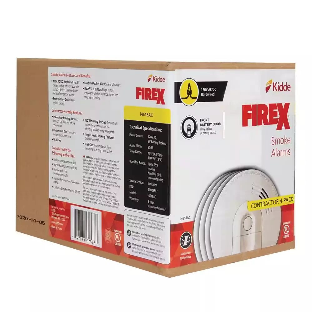 Kidde Firex i4618 4-Pack Hardwired Ionization Smoke Detectors with Battery Backup