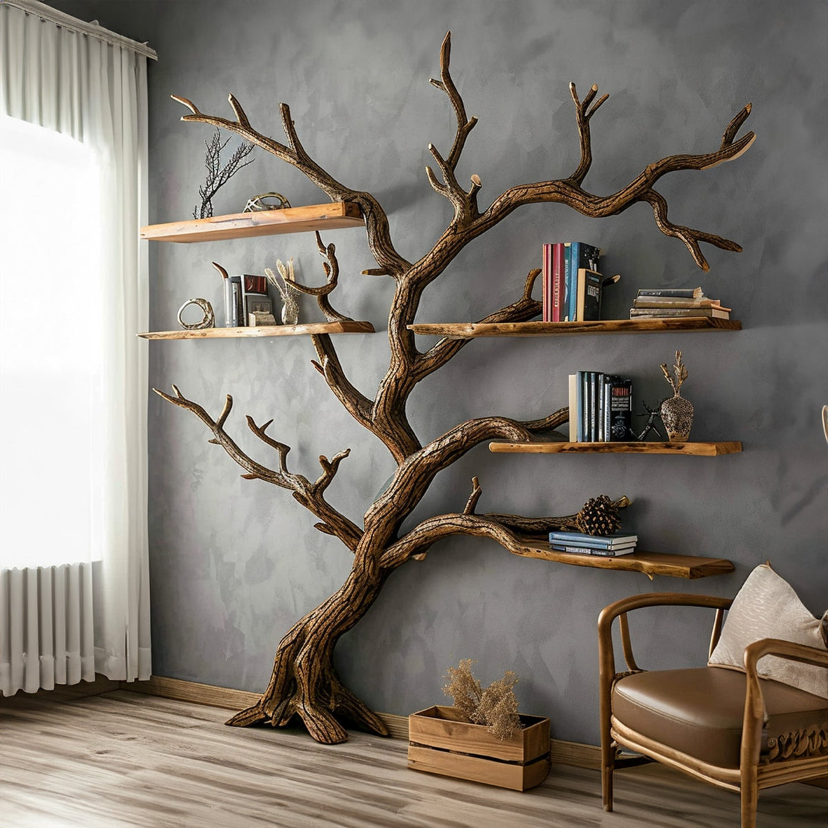 Dark Brown Carved Solid Wood Tree Bookshelf for Living Room