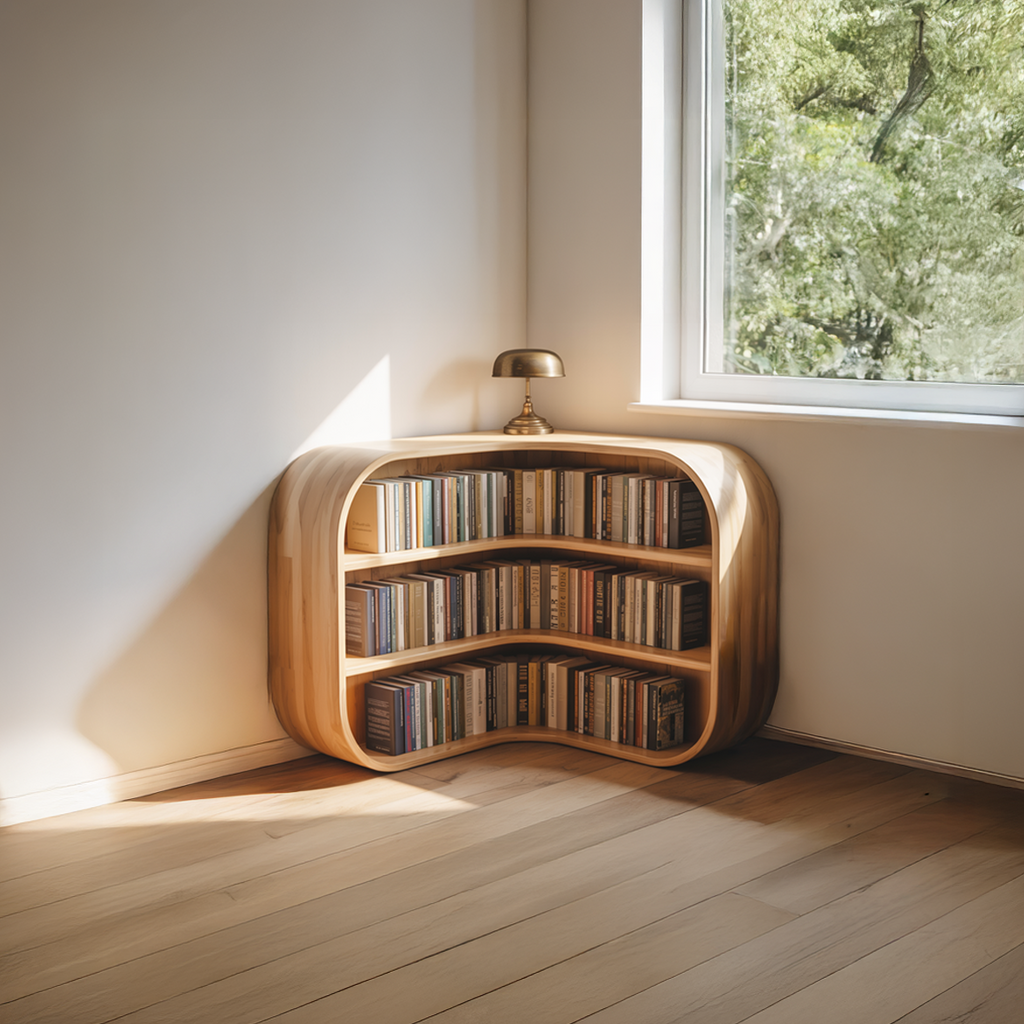 Mid-Century Solid Wood Corner Bookshelf with Curved Compartments