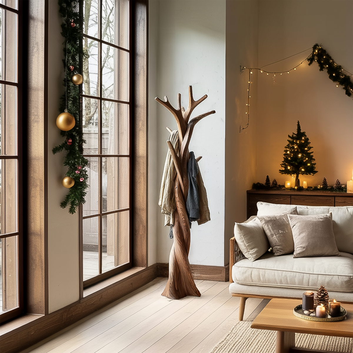 Twisted Tree Branch Solid Wood Coat Rack for Entryway