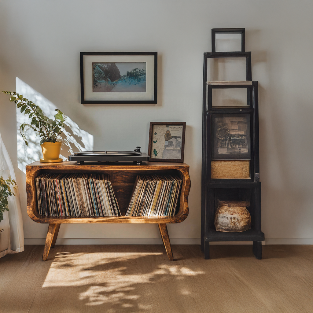 Rustic Natural Wood Record Player Stand in Minimalist Style - view 2