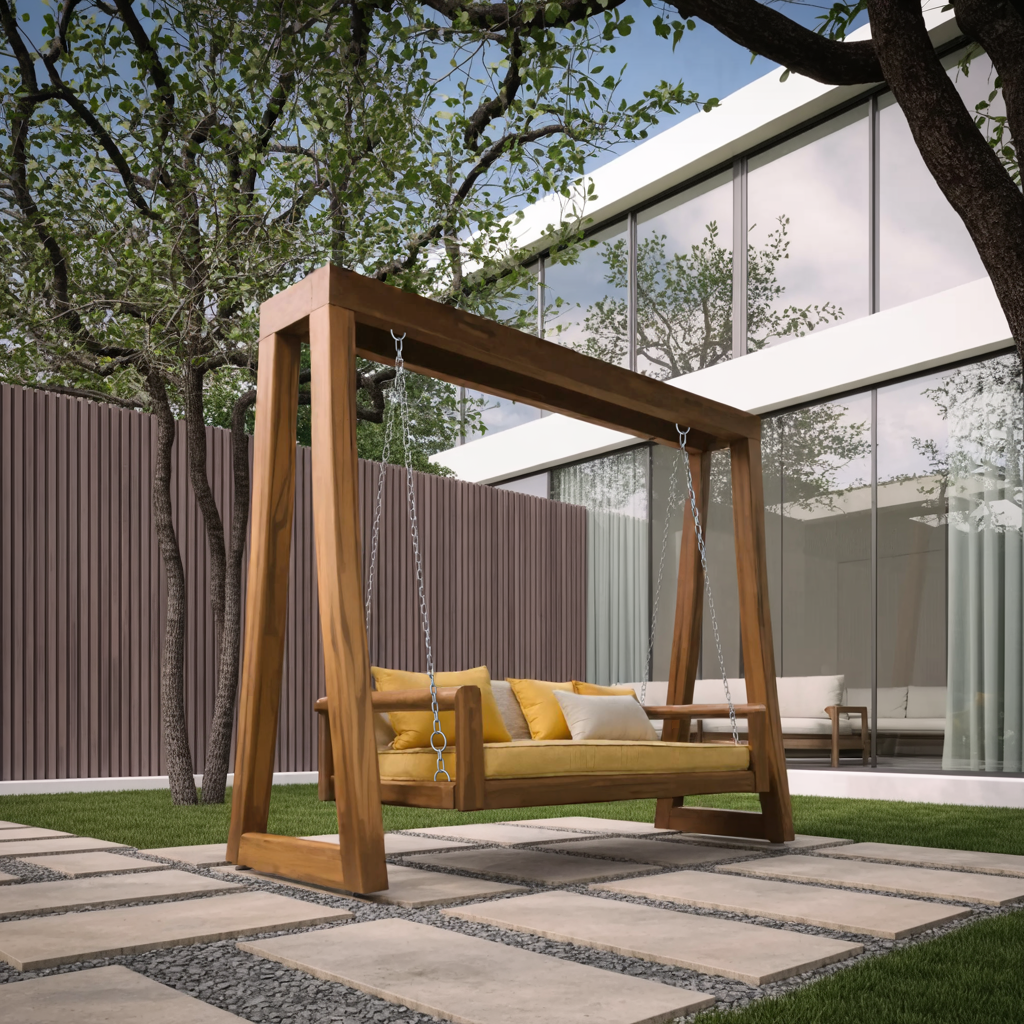 Contemporary Solid Wood A-Frame Outdoor Swing Bench for Patio in Oak finish
