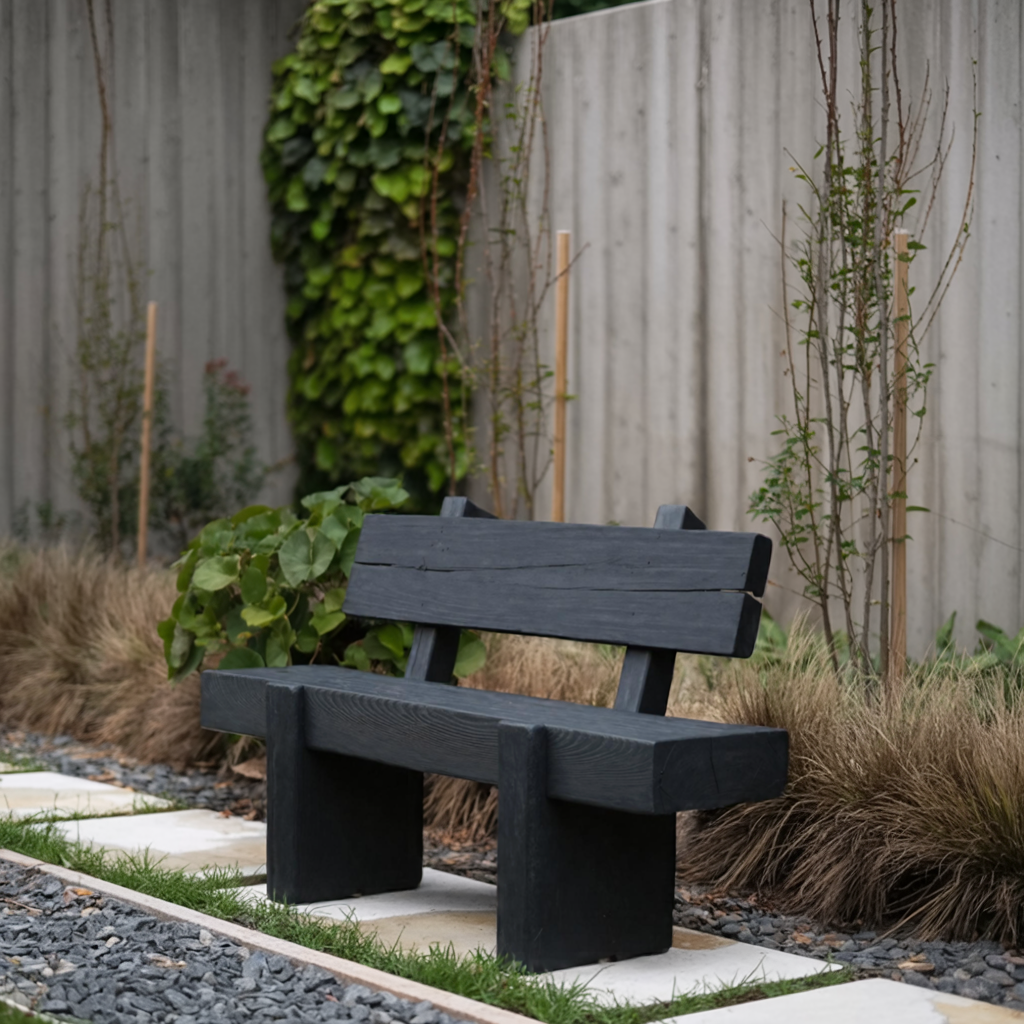 Charred Solid Wood Outdoor Bench with Reclined Backrest - view 3