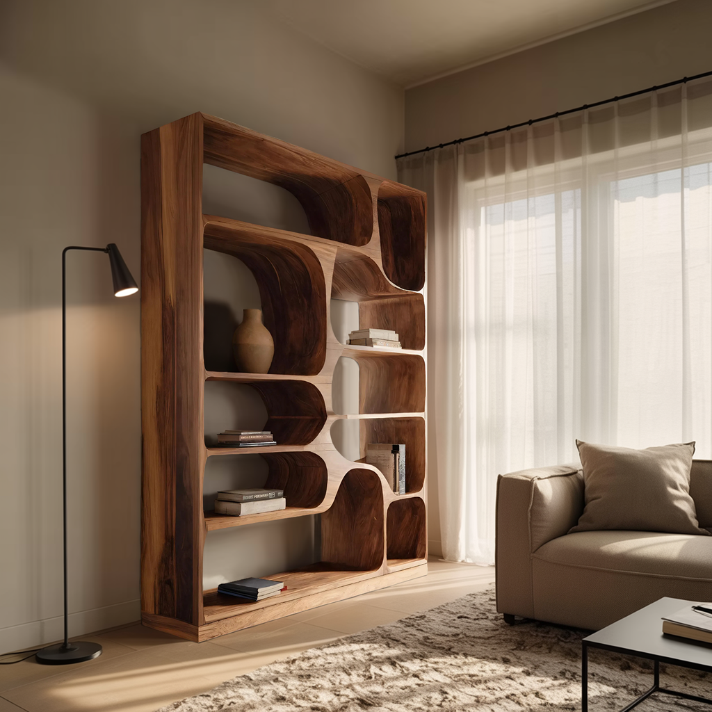 Sculptural Solid Wood Bookcase with Curved Asymmetric Compartments - view 3