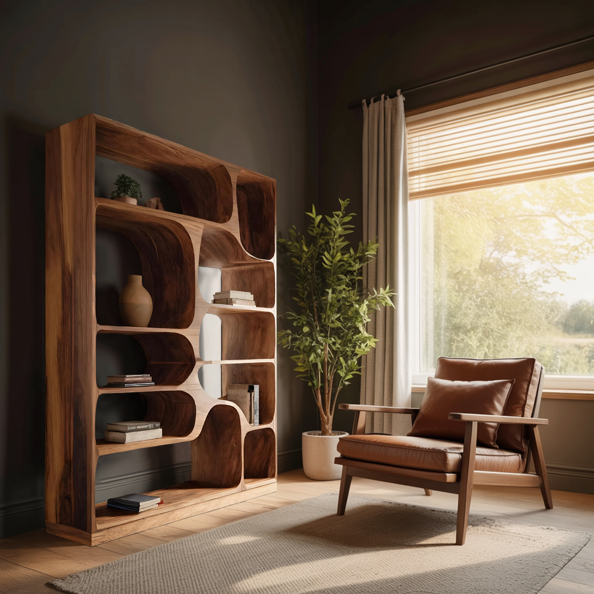 Sculptural Solid Wood Bookcase with Curved Asymmetric Compartments - view 2