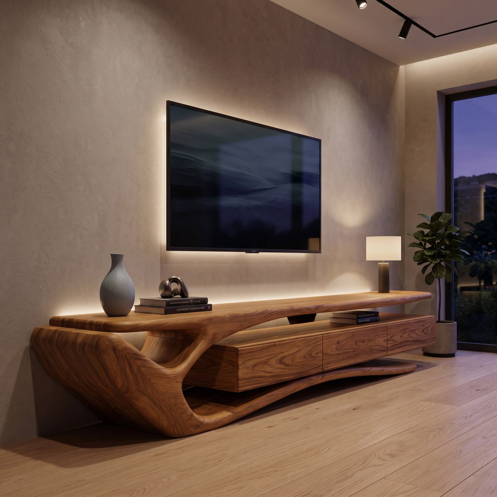 Sculptural Solid Wood TV Stand with Storage Drawers - view 3