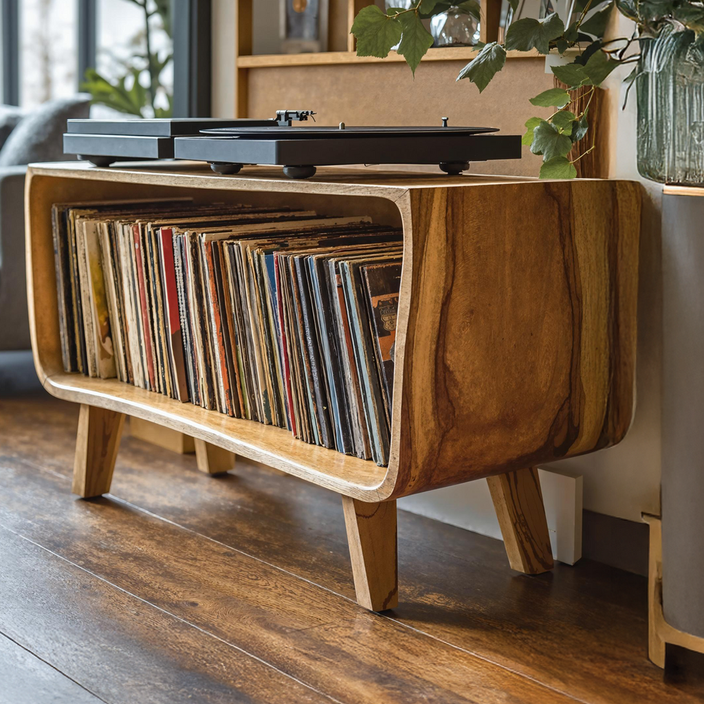 Solid Wood Record Player Stand with Open Vinyl Storage