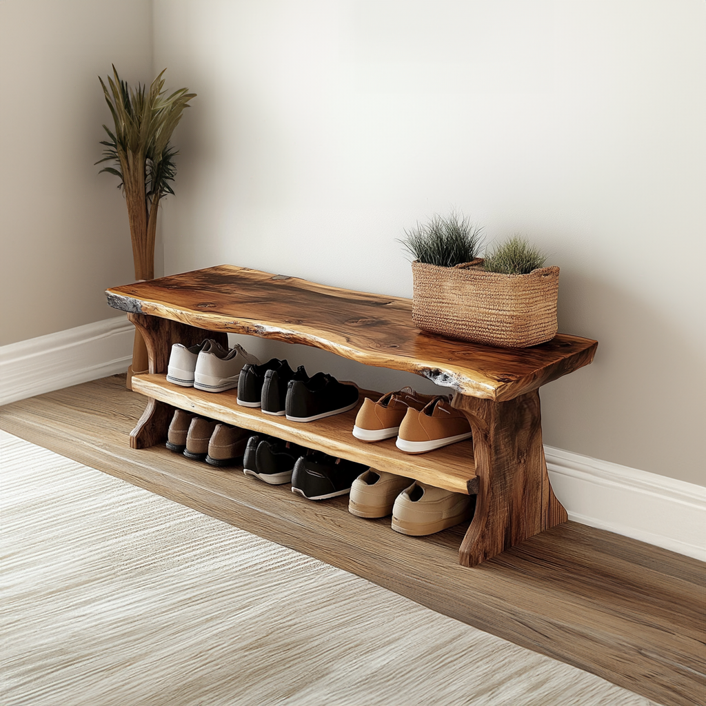 Farmhouse Solid Wood Entryway Shoe Bench with Live Edges