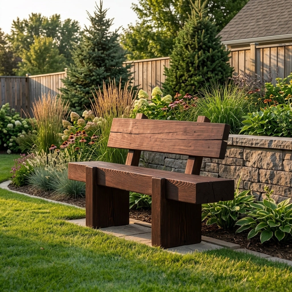 Charred Solid Wood Outdoor Bench with Reclined Backrest in Walnut finish