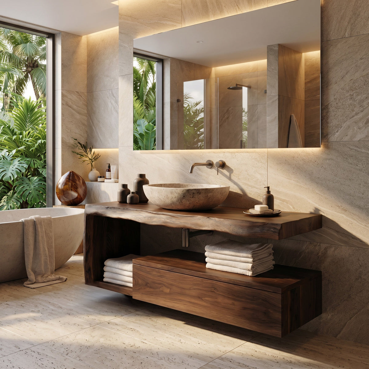 Modern Floating Solid Wood Bathroom Vanity with Drawer and Shelf in Walnut finish