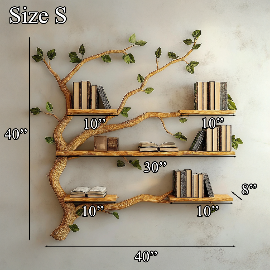 Wall-Mounted Tree Branch Bookcase with Floating Wood Shelves - view 4