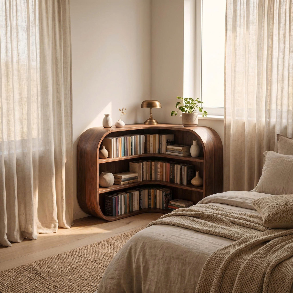 Mid-Century Solid Wood Corner Bookshelf with Curved Compartments in Walnut finish