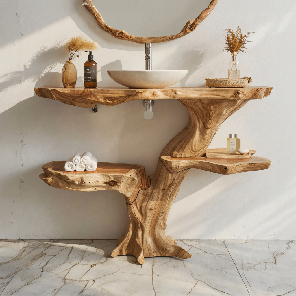 Live Edge Natural Wood Bathroom Vanity Countertop Shelf