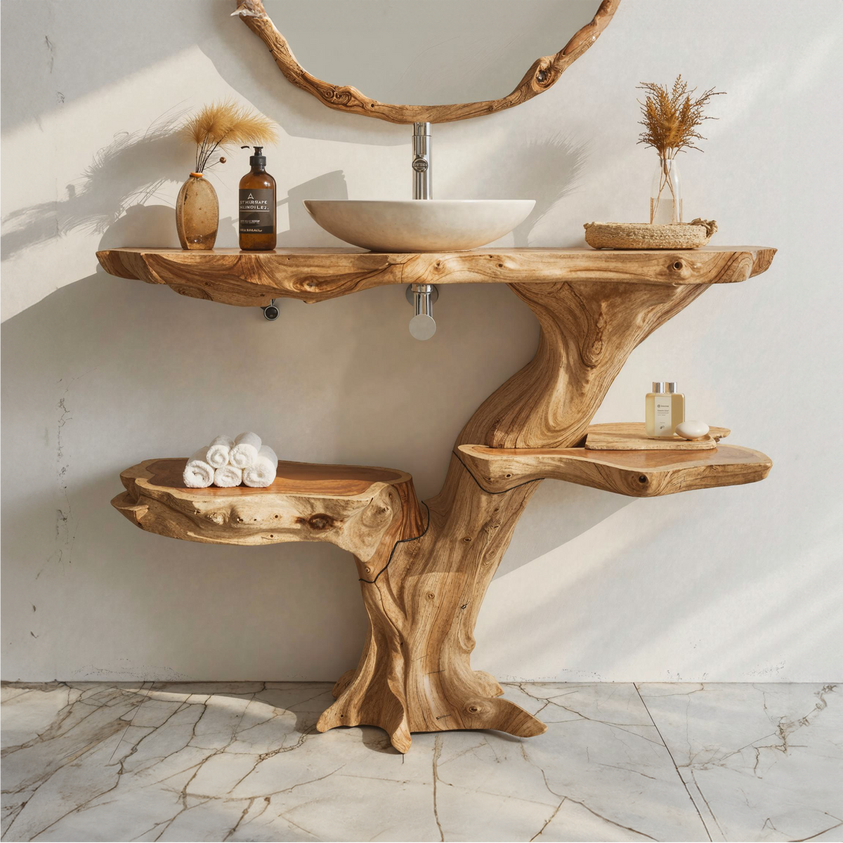 Live Edge Natural Wood Bathroom Vanity Countertop Shelf