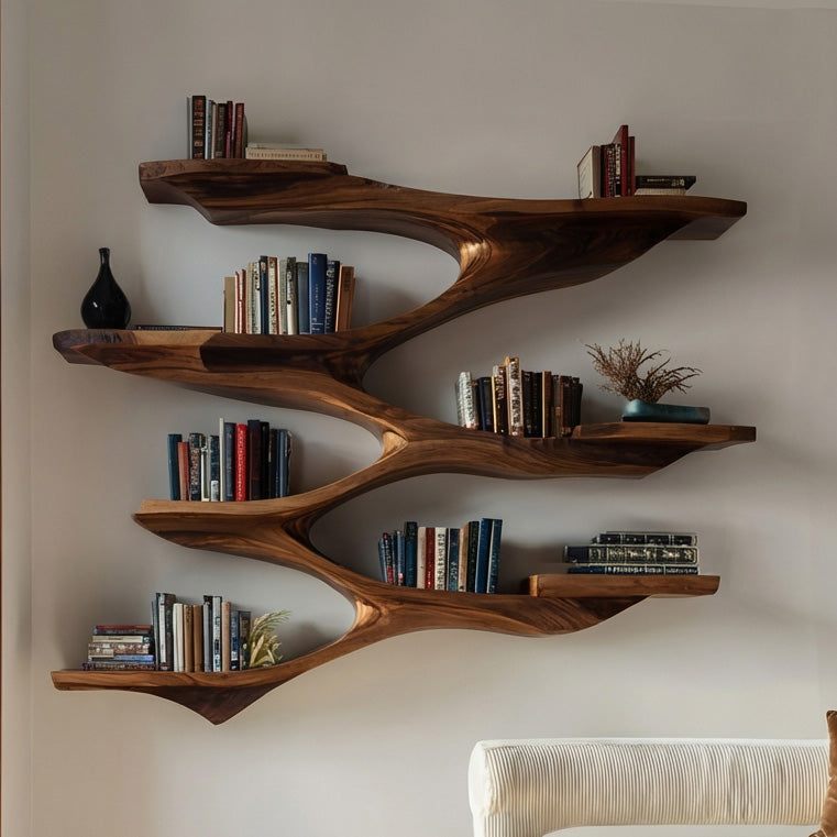 Mid-Century Solid Wood Wall Shelf with Sculptural Tiered Spine - view 3